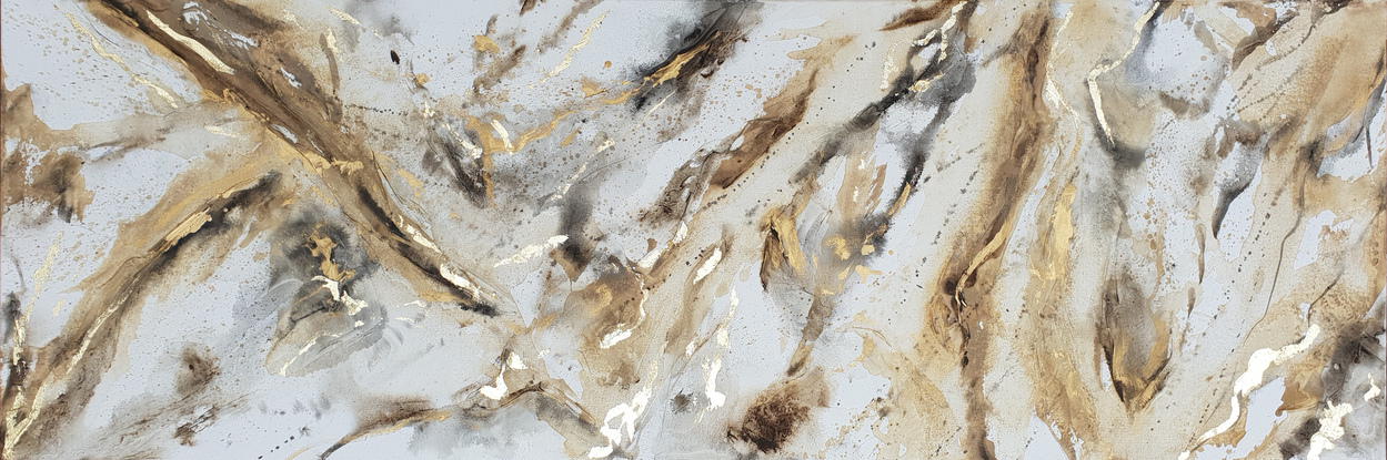 A large painting of marble with metallic gold, brown, earth tones and white