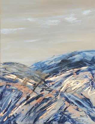 A large abstract landscape of the mountains in navy blue, dark blue and copper