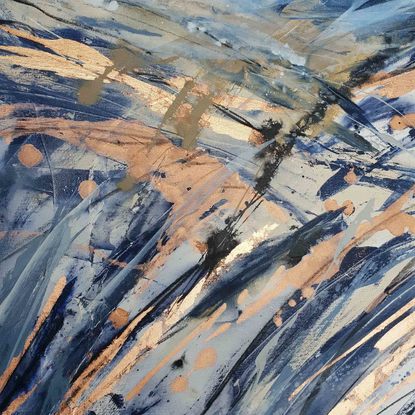 A large abstract landscape of the mountains in navy blue, dark blue and copper