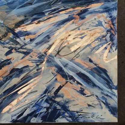 A large abstract landscape of the mountains in navy blue, dark blue and copper