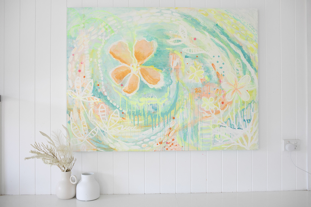 brightly coloured  Semi Abstract ocean water scene painting  