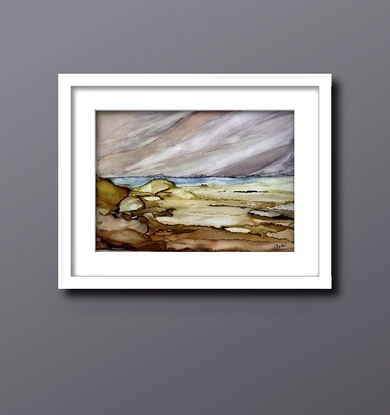 Coastal Calm is abstracted seascape
Inks on ultra smooth polypropylene paper
White frame white mat and glass
Blue, sepia, cool grey, umber 