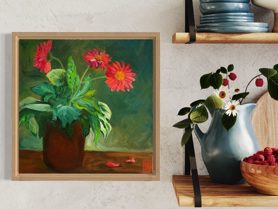 A terracotta planter pot is in the middle of the canvas filled with a Gerbera plant.  The lush green leaves spill over the edge of the pot while three arching stems hold large, red flower heads.  The background is painted in shades of brown and green.