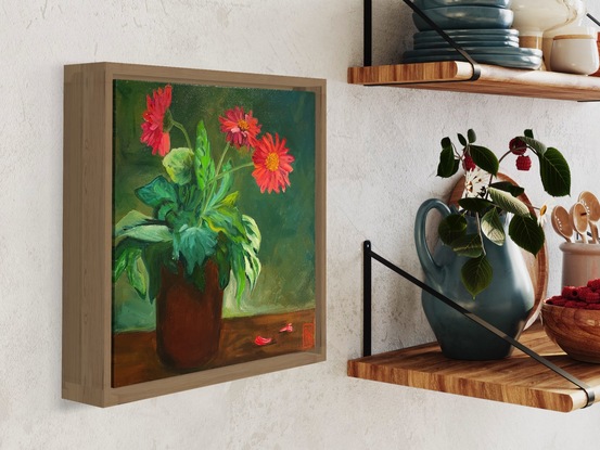 A terracotta planter pot is in the middle of the canvas filled with a Gerbera plant.  The lush green leaves spill over the edge of the pot while three arching stems hold large, red flower heads.  The background is painted in shades of brown and green.