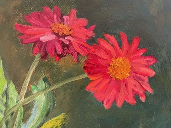 A terracotta planter pot is in the middle of the canvas filled with a Gerbera plant.  The lush green leaves spill over the edge of the pot while three arching stems hold large, red flower heads.  The background is painted in shades of brown and green.