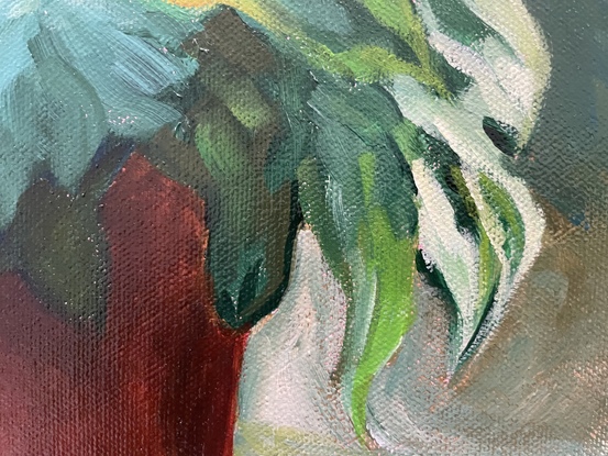 A terracotta planter pot is in the middle of the canvas filled with a Gerbera plant.  The lush green leaves spill over the edge of the pot while three arching stems hold large, red flower heads.  The background is painted in shades of brown and green.