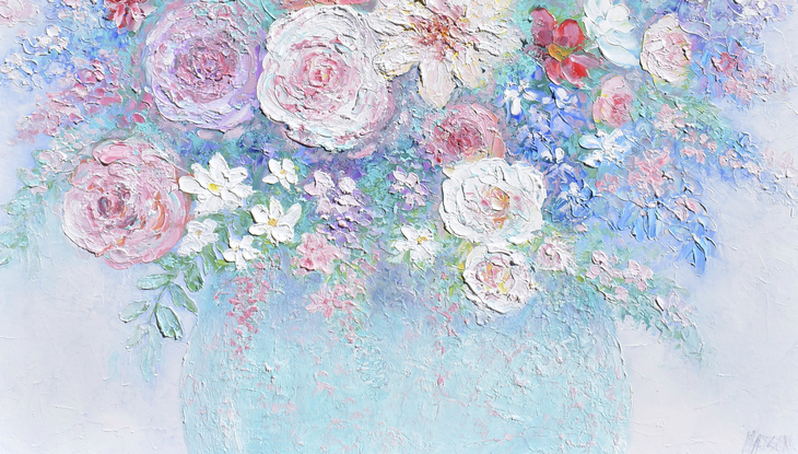 A still life painting of thickly textured spring flowers in a pale blue bowl. 