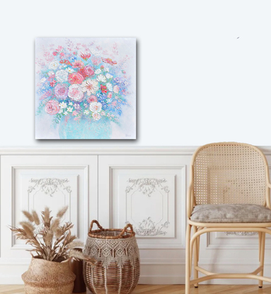 A still life painting of thickly textured spring flowers in a pale blue bowl. 