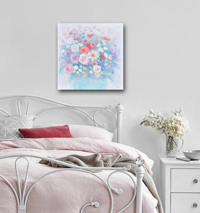 A still life painting of thickly textured spring flowers in a pale blue bowl. 