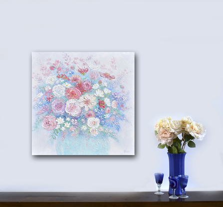 A still life painting of thickly textured spring flowers in a pale blue bowl. 