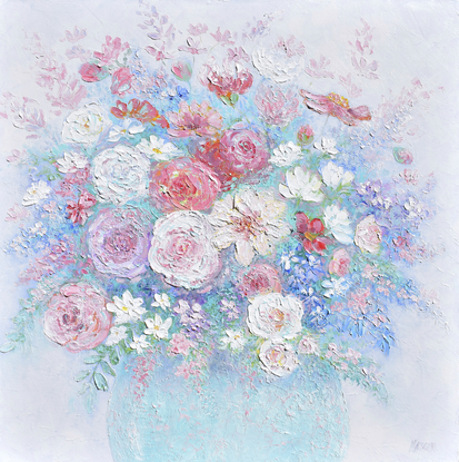 A still life painting of thickly textured spring flowers in a pale blue bowl. 