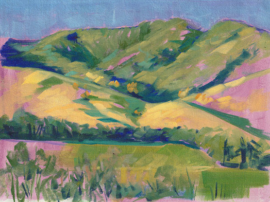 This painting depicts the western fall  foothills of the Great Dividing Range in NSW, Australia. Painted in an en pleine air style, quickly laying down thicker oils over a magenta oil wash ground.