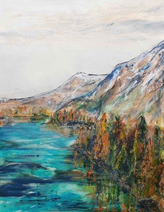 A large mountain and lake artwork showing autumn trees painted in shades of green, grey, ochre, yellow, grey and white.