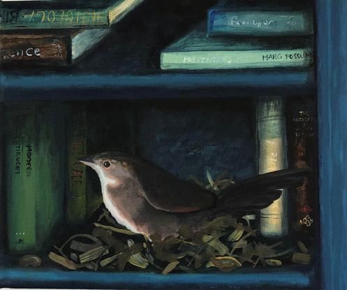 Small nesting bird surrounded by books.