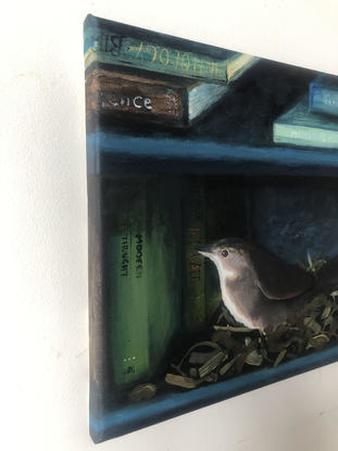 Small nesting bird surrounded by books.