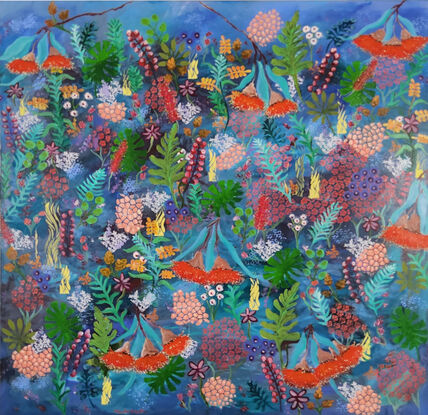 Life in Bloom  is an abstract painting depicting a vibrant and dense ecosystem teeming with life, filled with various forms of flowers and plant life, rich in colours and shapes, using layers on a background of blues. 