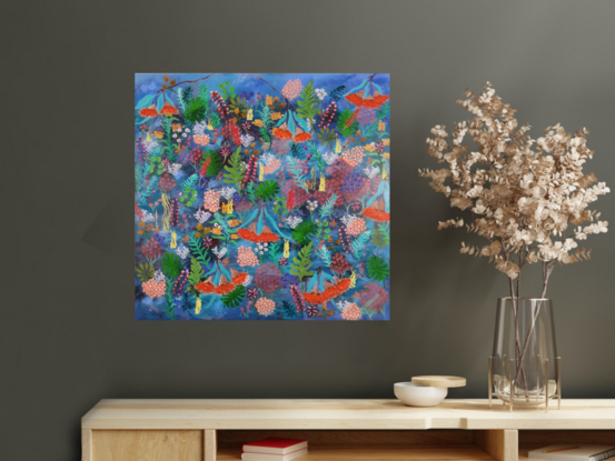 Life in Bloom  is an abstract painting depicting a vibrant and dense ecosystem teeming with life, filled with various forms of flowers and plant life, rich in colours and shapes, using layers on a background of blues. 