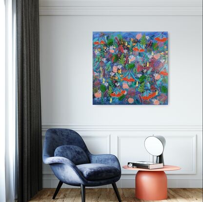 Life in Bloom  is an abstract painting depicting a vibrant and dense ecosystem teeming with life, filled with various forms of flowers and plant life, rich in colours and shapes, using layers on a background of blues. 