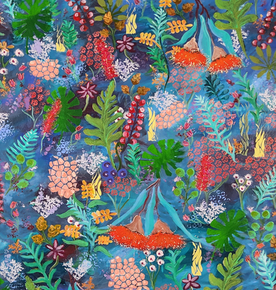 Life in Bloom  is an abstract painting depicting a vibrant and dense ecosystem teeming with life, filled with various forms of flowers and plant life, rich in colours and shapes, using layers on a background of blues. 