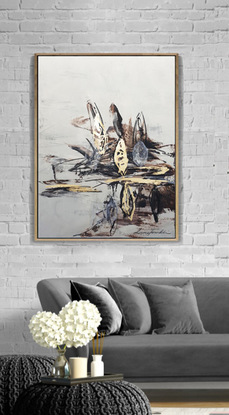 A large abstract landscape in charcoal black, gold leaf, shades of warm brown, beige and cream.