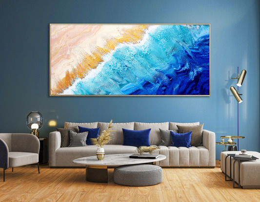 ABSTRACT painting that gives the impression of soothing ocean waves lapping in to soft sandy beach with slow easy waves creating crests of whie..  The intricate mosaic pattern within the tonal blue hues and the glimmering metallics adds added interest and intrigue.
The closer you get to the painting the more of the interesting details and patterns you can see. Metallics add an extra depth because the painting changes personality when one views from different angles.