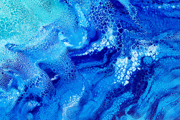 ABSTRACT painting that gives the impression of soothing ocean waves lapping in to soft sandy beach with slow easy waves creating crests of whie..  The intricate mosaic pattern within the tonal blue hues and the glimmering metallics adds added interest and intrigue.
The closer you get to the painting the more of the interesting details and patterns you can see. Metallics add an extra depth because the painting changes personality when one views from different angles.