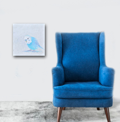 A thickly textured painting of a blue budgerigar bird on a soft grey background.