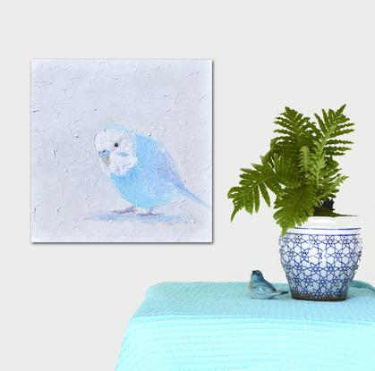 A thickly textured painting of a blue budgerigar bird on a soft grey background.