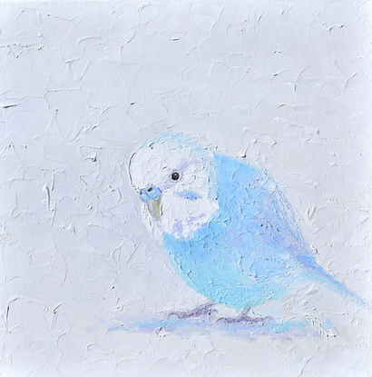 A thickly textured painting of a blue budgerigar bird on a soft grey background.