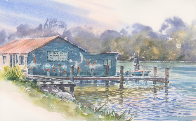 Watercolour painting of a boatshed with pelicans painted on it, the jetty and water with reflections.