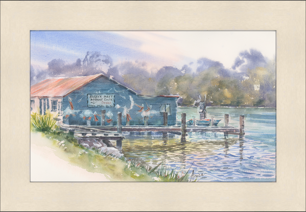 Watercolour painting of a boatshed with pelicans painted on it, the jetty and water with reflections.