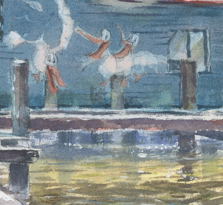 Watercolour painting of a boatshed with pelicans painted on it, the jetty and water with reflections.