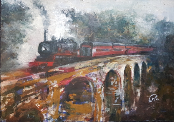 A textured image of a steam train crossing a bridge in the Blue Mountains, NSW, Australia. Puffing steam contrasts with the perspective of the train disappearing into the distance on the Zig Zag Railway. 