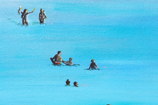 blue blue sea with 13 figures spread from top to bottom each enjoying their swim in different ways - two girlfriends talking, two middle aged gentlemen discussing, father and son with boogie boards, individuals swimming peacefully. Fills the canvas - pretty and peaceful. 