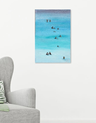 blue blue sea with 13 figures spread from top to bottom each enjoying their swim in different ways - two girlfriends talking, two middle aged gentlemen discussing, father and son with boogie boards, individuals swimming peacefully. Fills the canvas - pretty and peaceful. 