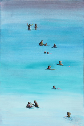 blue blue sea with 13 figures spread from top to bottom each enjoying their swim in different ways - two girlfriends talking, two middle aged gentlemen discussing, father and son with boogie boards, individuals swimming peacefully. Fills the canvas - pretty and peaceful. 