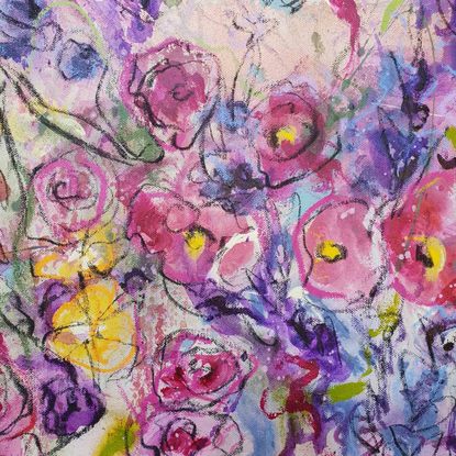 An abstract landscape of bright vivid flowers in pink, red, purple, orange, yellow and greens