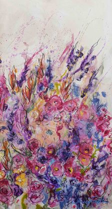 An abstract landscape of bright vivid flowers in pink, red, purple, orange, yellow and greens