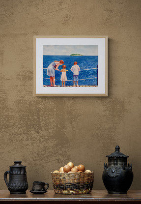 A family stands looking at the ocean.