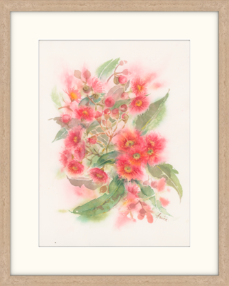 Watercolour painting of delicately red gum blossoms and leaves