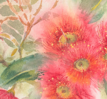 Watercolour painting of delicately red gum blossoms and leaves