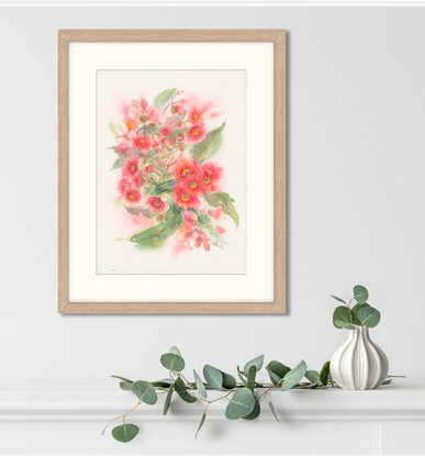 Watercolour painting of delicately red gum blossoms and leaves