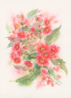 Watercolour painting of delicately red gum blossoms and leaves