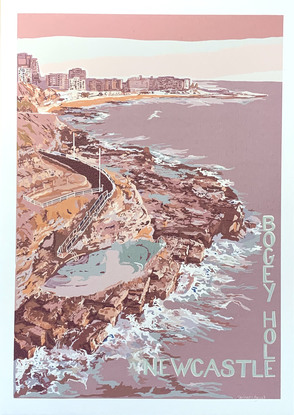 Reminiscent of the vintage style posters, this art work is of the Bogey Hole swimming pool and the coast line all the way around to The Newcastle Baths. 