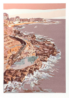 Reminiscent of the vintage style posters, this art work is of the Bogey Hole swimming pool and the coast line all the way around to The Newcastle Baths. 