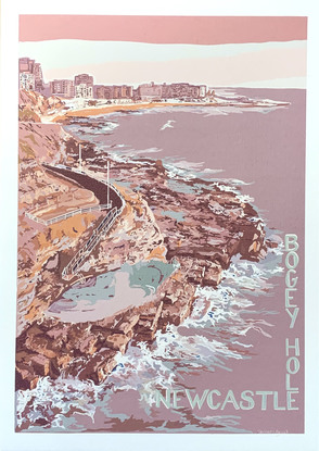 Reminiscent of the vintage style posters, this art work is of the Bogey Hole swimming pool and the coast line all the way around to The Newcastle Baths. 