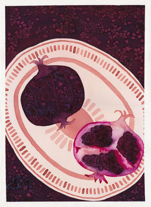 Open pomegranate on a plate on a deep burgundy watercolour background