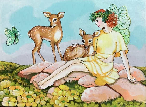 Fairy in yellow dress sitting on a rock surrounded by Bambi’s  Daisies and Butterfly 