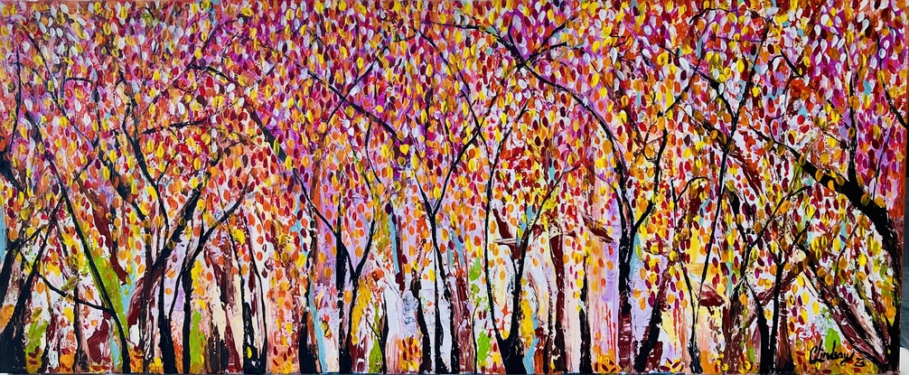 A large textured Abstract impressionistic Natures trees cape pallet knife 
Vibrant colours warm yellow ,cool yellow , blue , are captured with a rich berry burgundy back ground at the top of this painting , cool yellow highlights ‘ red and orang warm yellow falling leaves of burnt sienna dried leaves white and light blue background ‘ tall black and raw umber trees entwined naturally around each other 
Winding branches wiggling their way through the bark of the tall black trees in natures forrest 
Yellow highlighted leaves reflecting off the sun in back ground a touch of mauve white green to high light 
Thick Acrylic paste gives the texture all over the canvas 
An inspiration of our nature 
This painting was painted with a pallet knife finishing touches painted with brushes 
And comes with a Certificate Of Authenticity wire on back ready to hang , and signed on the front and back of canvas  packed for a safe free delivery 