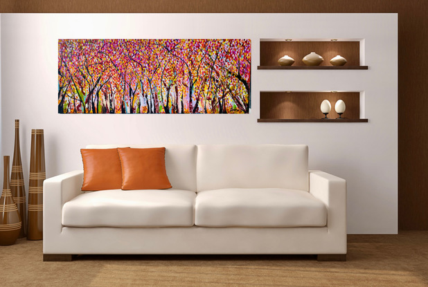 A large textured Abstract impressionistic Natures trees cape pallet knife 
Vibrant colours warm yellow ,cool yellow , blue , are captured with a rich berry burgundy back ground at the top of this painting , cool yellow highlights ‘ red and orang warm yellow falling leaves of burnt sienna dried leaves white and light blue background ‘ tall black and raw umber trees entwined naturally around each other 
Winding branches wiggling their way through the bark of the tall black trees in natures forrest 
Yellow highlighted leaves reflecting off the sun in back ground a touch of mauve white green to high light 
Thick Acrylic paste gives the texture all over the canvas 
An inspiration of our nature 
This painting was painted with a pallet knife finishing touches painted with brushes 
And comes with a Certificate Of Authenticity wire on back ready to hang , and signed on the front and back of canvas  packed for a safe free delivery 